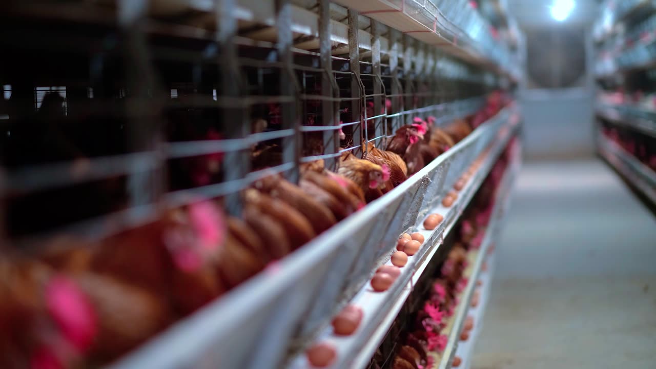 Rows of laying hens in a modern layer house