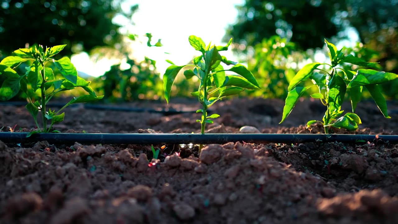 Young pepper plants on drip irrigation