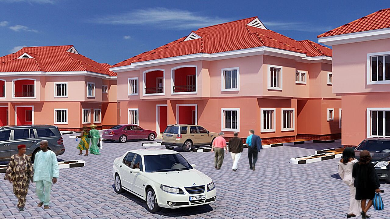 Artist's impression of a row of three-bedroom semi-detached duplexes